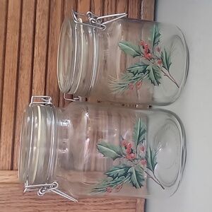 VINTAGE 1980'S Glass Lid Canister Holly Berries Metal Snap Jar Set 1.5 L 1.0 L